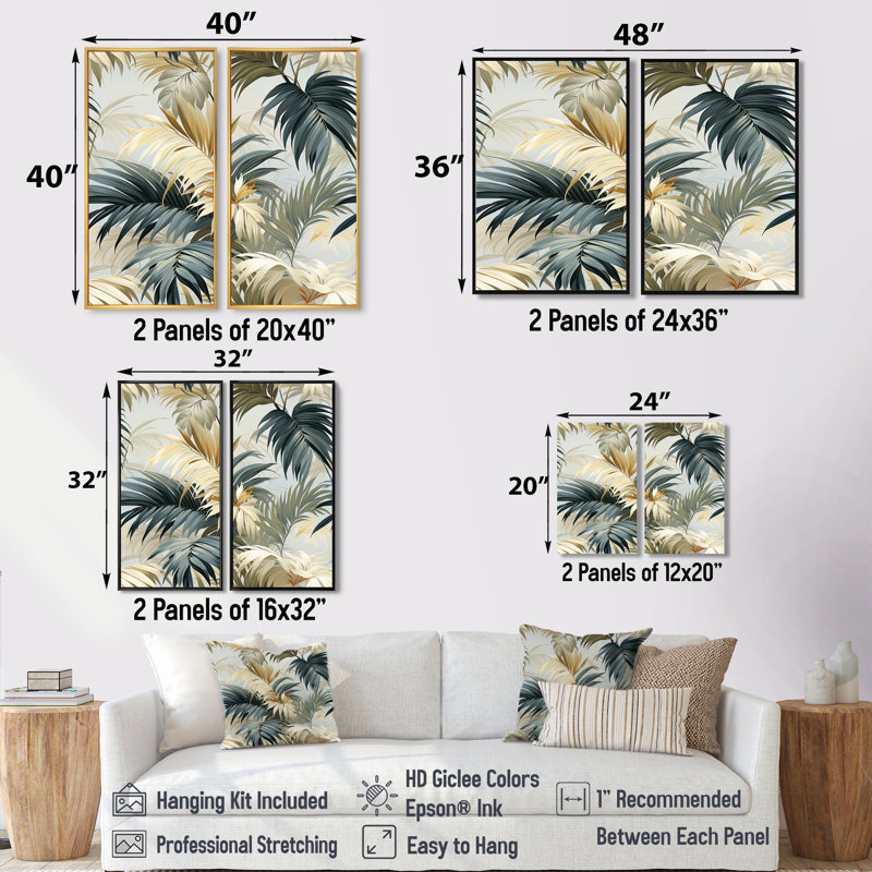 «Whispering Palms Tropical» - Art mural tropical, H 36 po x l 48 po, Impression encadrée flottante, Noir