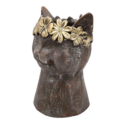 Magnesium Cat Statue Planter with Textured Brown Finish and Gold Leaf Crown