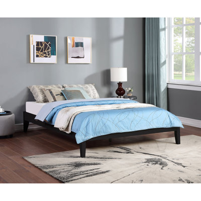 Queen Bed Frame Of Dark , Low - Profile Asian Hardwood And Pine Construction, Adaptable For Bedroom, Black Finish, Contemporary Bedroom In Color, Solid Wood Base, Universal Design Various Spaces,