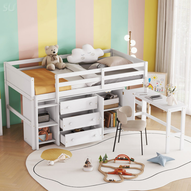 Lit mezzanine simple simple avec bureau coulissant, tiroirs, armoire et tablettes pour lit blanc