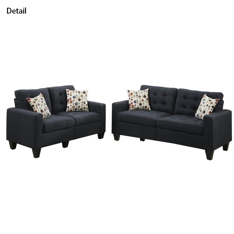 Living Room Furniture 2pc Sofa Set Black Polyfiber Tufted Sofa Loveseat with Pillows Cushion Couch Solid Pine Latitude Run