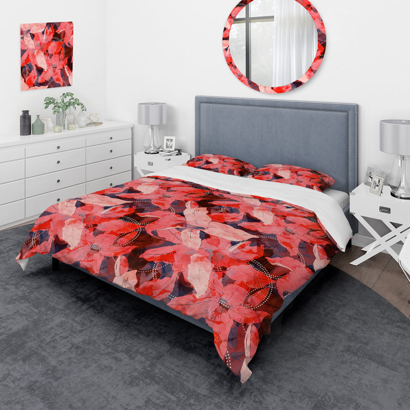 Feuilles tropicales rouges - ensemble de housse de couette traditionnel - microfibre de polyester