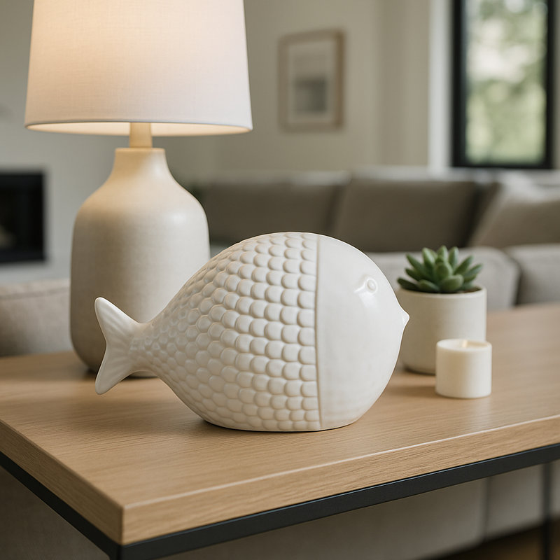 Artistic Ceramic Fish Sculpture Home Decor - Textured Figurine Decorative Object And Modern Statue For Decorations For Living Room - 10", White
