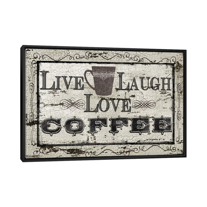 «Live, Laugh, Love, Coffee», art textuel sur toile, H 18 po x l 26 po x P 1,5 po, Toile avec cadre noir, Pas de tapis