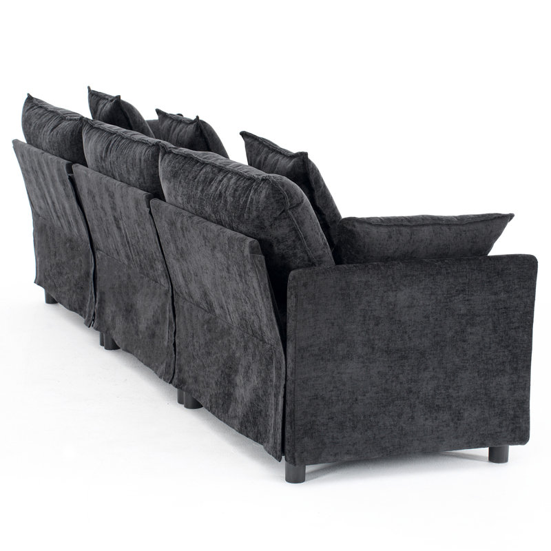Canapé modulaire moderne en L en chenille avec repose-pieds mobile et coussins décoratifs, Chenille noir