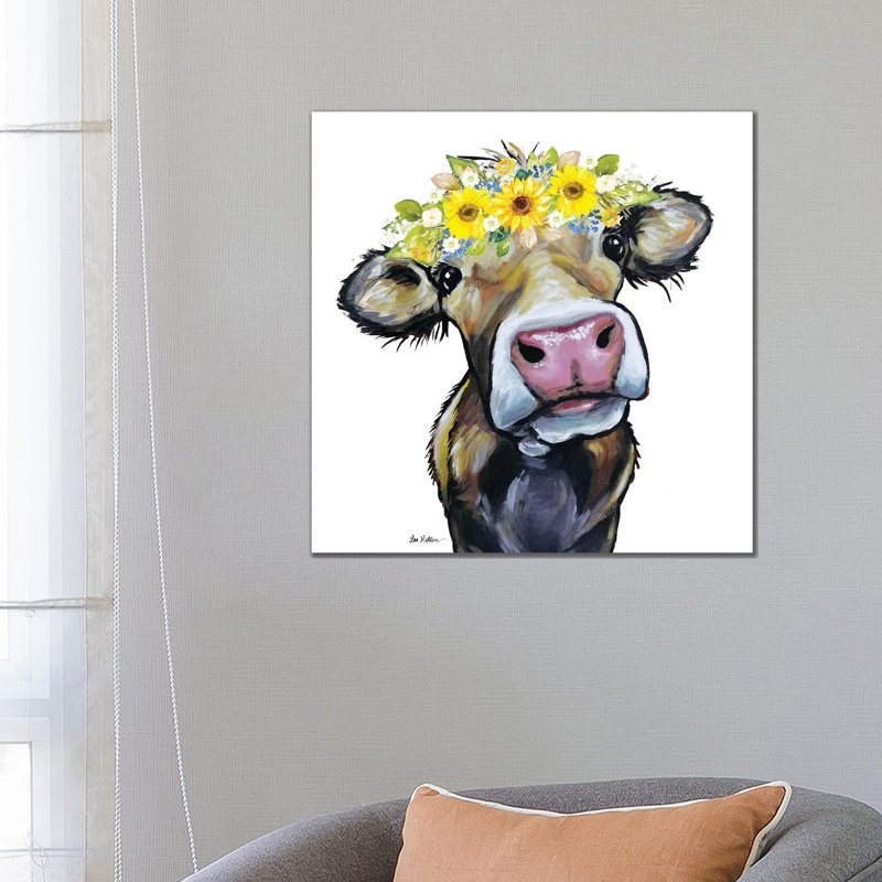 Hazel The Cow With Sunflower Flower Crown - Wrapped Canvas Painting, 66.04 cm H x 66.04 cm W x 1.91 cm D