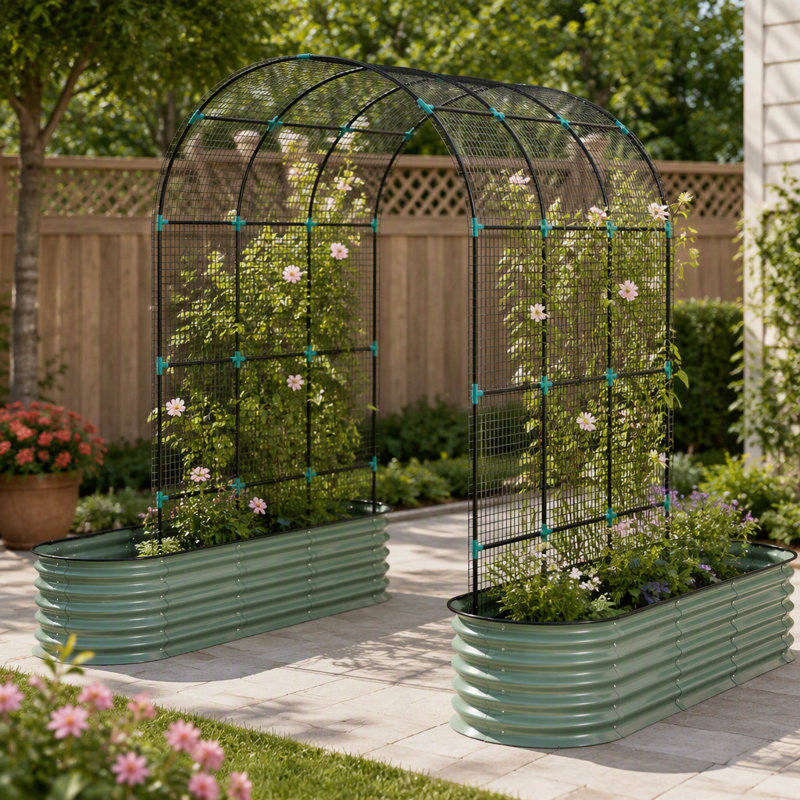 Ensemble de boîte à fleurs surélevée galvanisée avec treillis arqué et filet d'escalade, adapté à la plantation dans la cour.