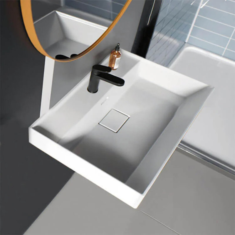 Sharp Rectangular White Ceramic Wall-Mounted Sink with Overflow