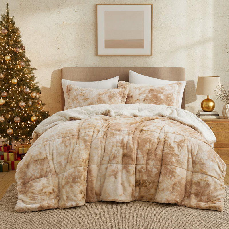 3- Piece Ultra Soft Fluffy Sherpa Down Alternative Comforter Set, Queen Comforter + 2 King Pillowcases, Beige
