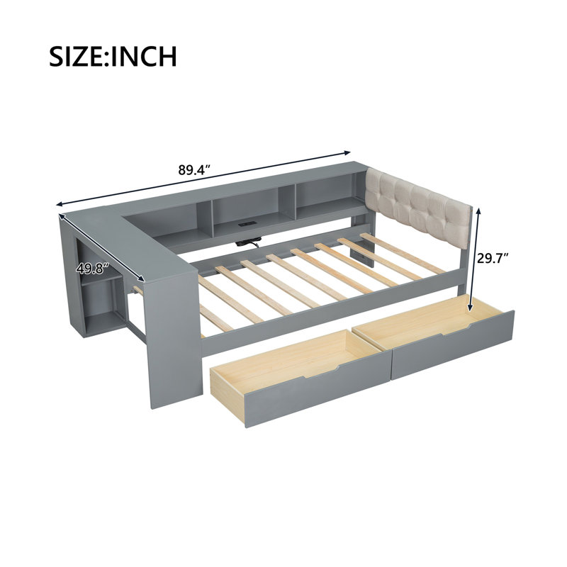 Lit plateforme simple en bois avec tablettes de rangement, tiroirs, station de charge et tête de lit tapissier, gris, Gris