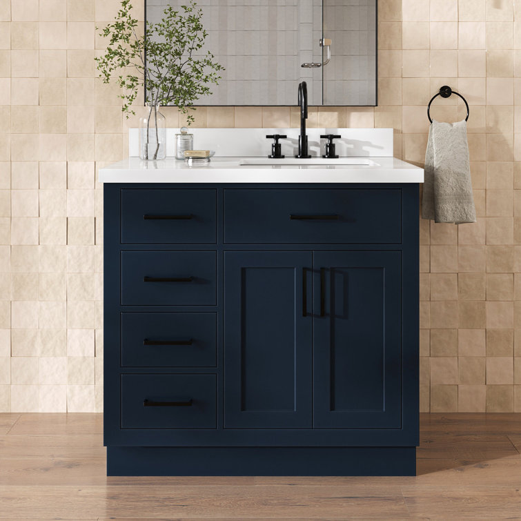 Tidworth 36'' Solid Wood Single Bathroom Vanity with 1.5'' White Quartz Top, Right Offset Rectangular Sink