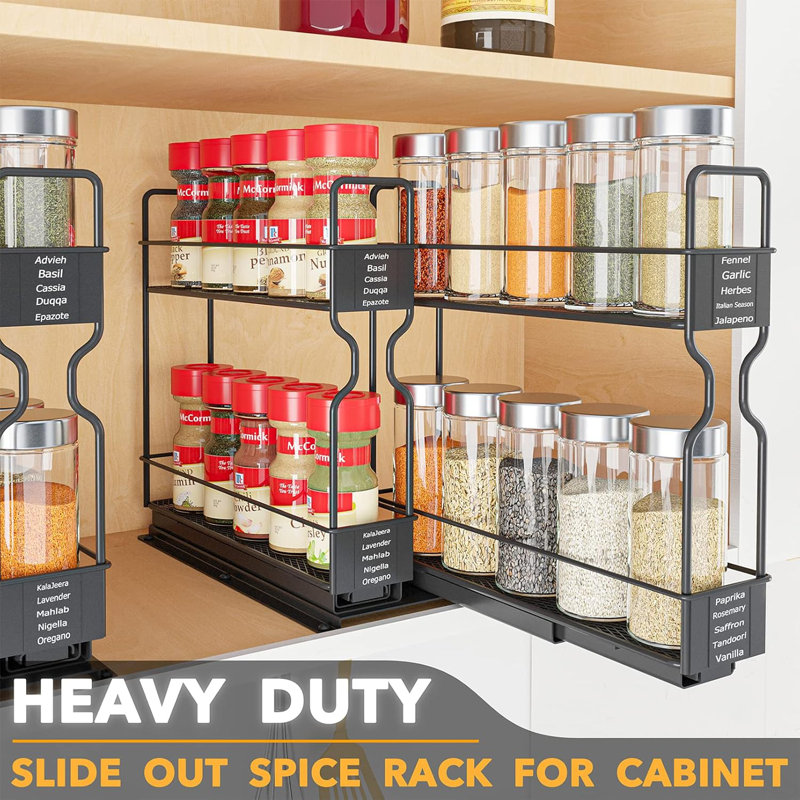 Heavy Duty Black Steel Pull Out Spice Rack Organizer with Labels