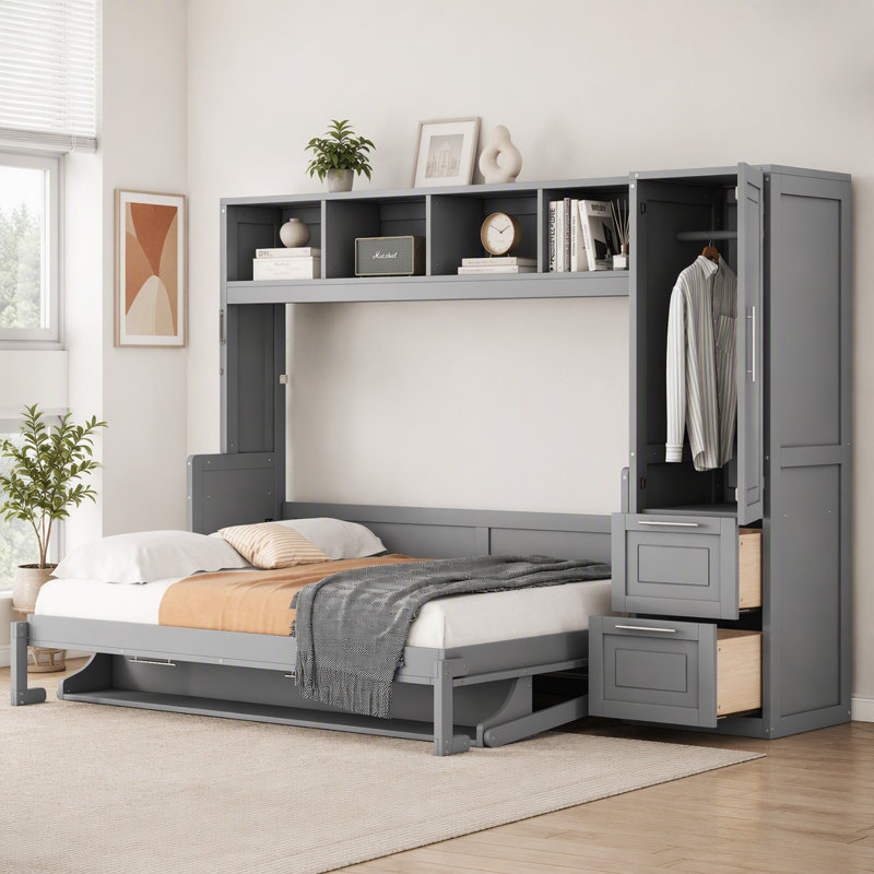 Lit escamotable, cadre de lit mural avec placard et tiroirs, Gris