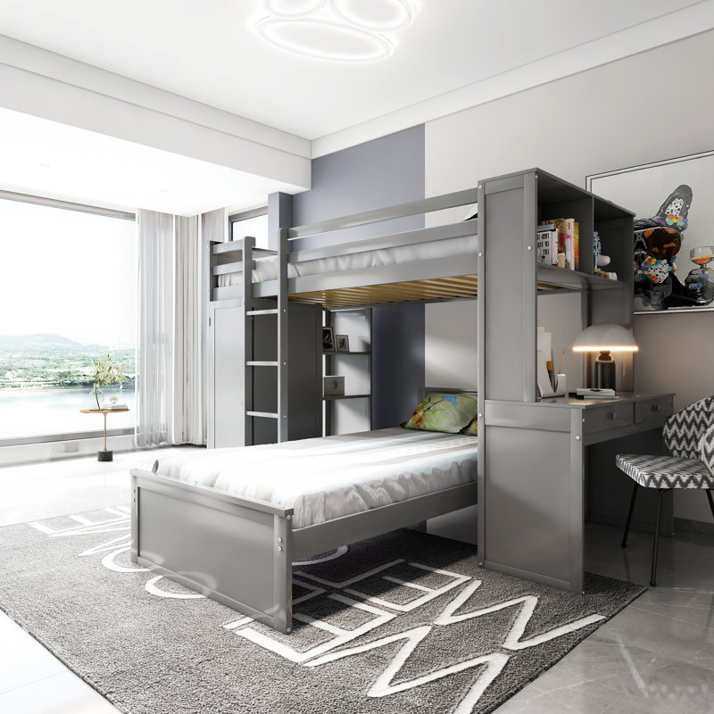Gosim Kids Twin Bunk Bed with Drawers, Gray