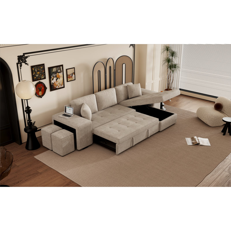 Canapé d'angle 3 places en forme de L couleur crème avec option lit, 2 tabourets et méridienne avec rangement pour salon moderne.