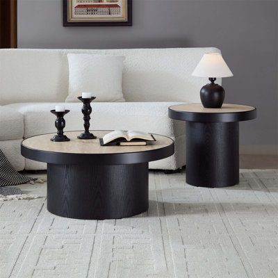 Ensemble de 2 tables basses rondes en pierre frittée, élégantes et durables pour les salons modernes et les espaces de loisirs