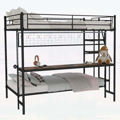 Lit superposé double au-dessus d'un lit double avec bureau intégré et éclairage à DEL - conception loft peu encombrante pour enfants et adolescents, structure robuste, assemblage facile