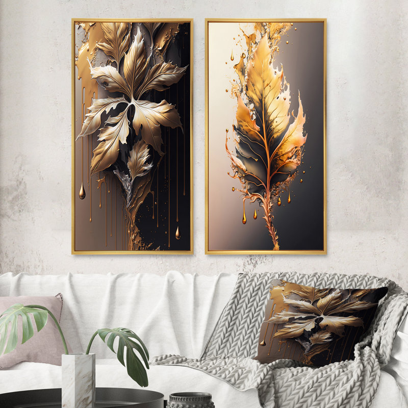 «Gold Abstract Leaves», 2 pièces sur toile, Encadrement doré, H 32 po x l 32 po