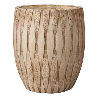 12" H x 9" Dia Weathered Concrete Planter, Large Indoor Outdoor Decorative Flower Pot with Drainage Hole, Modern Round Design for Home, Garden, Patio, Porch, or Courtyard, Vintage Yellow Stone Finish