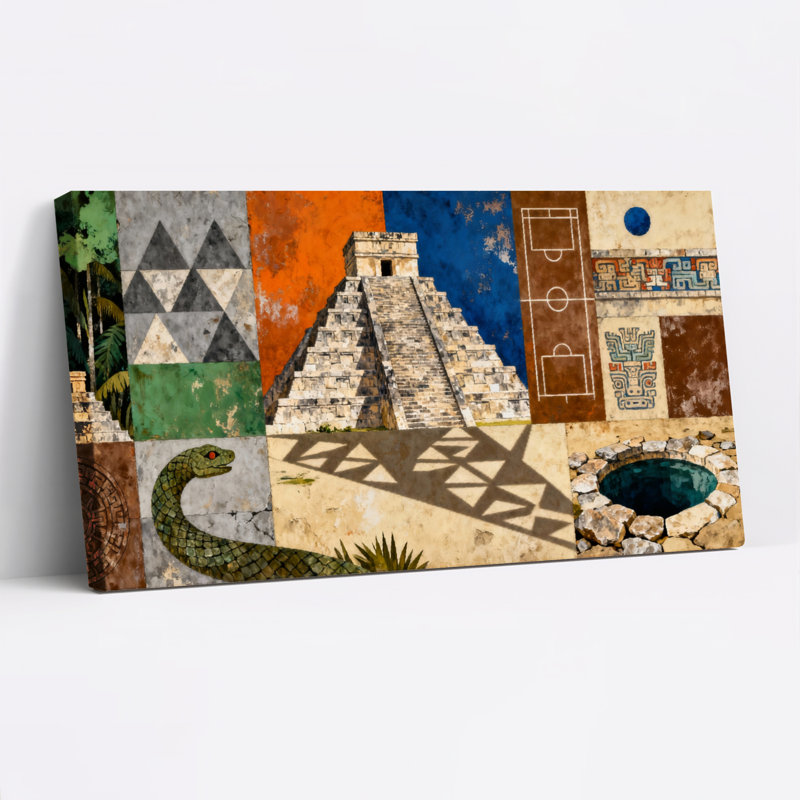 Pyramide maya et motif de toile tendue sur toile tendue, ensemble de 1, H 20 po x l 40 po