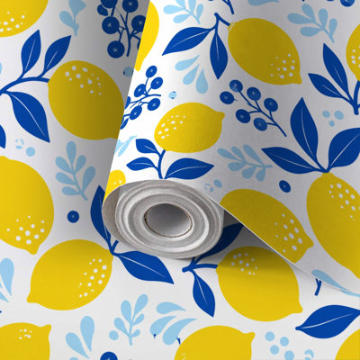 Peel and Stick Wallpaper Contact Paper Lemon Blue Leaves Yellow Berries Soft Blue Self Adhesive and Removable 24in x 118in(60x300cm)