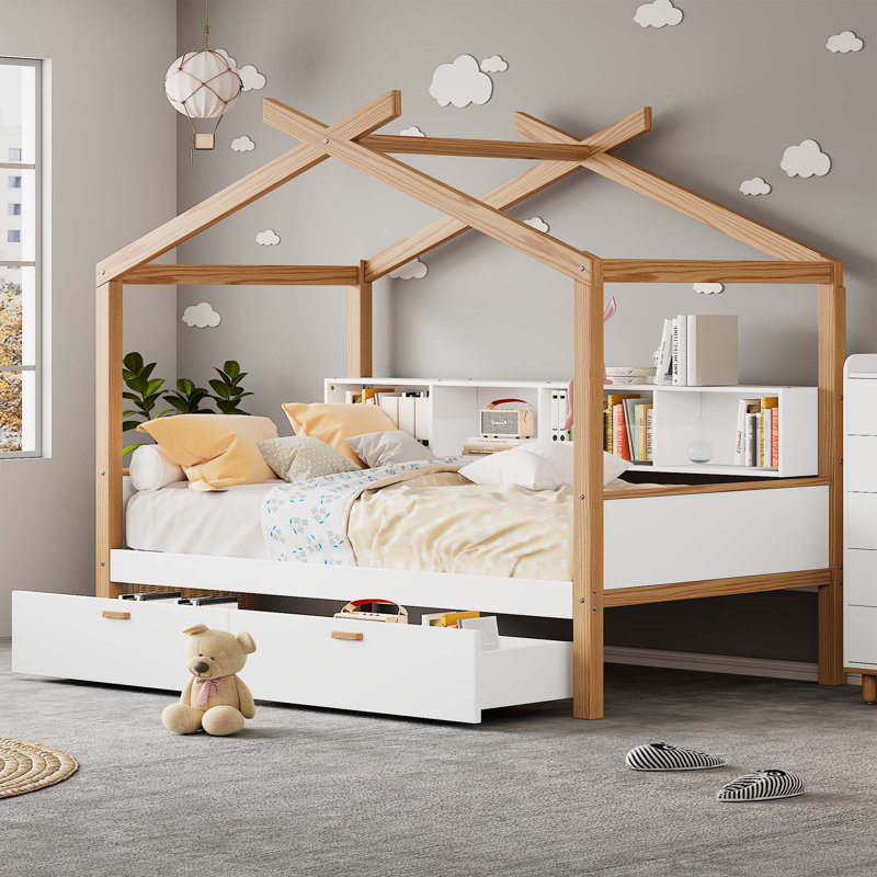 Cadre de lit en bois original avec deux tiroirs et une bibliothèque pour les enfants ou la chambre d'amis, Double