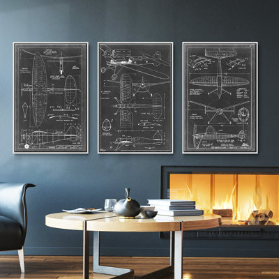 "Aéronautique", ensemble de 3 pièces encadrées sur toile