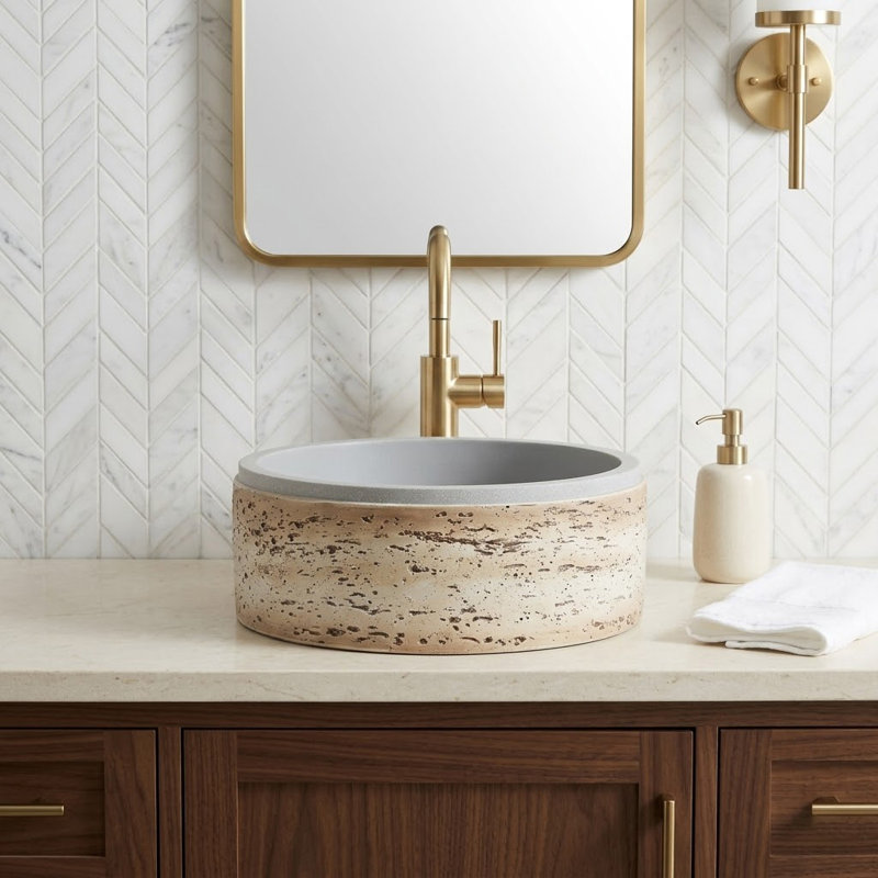 Lavabo de salle de bain vasque 16 "à surface solide ronde en gris mat avec extérieur texturé d'aspect travertin