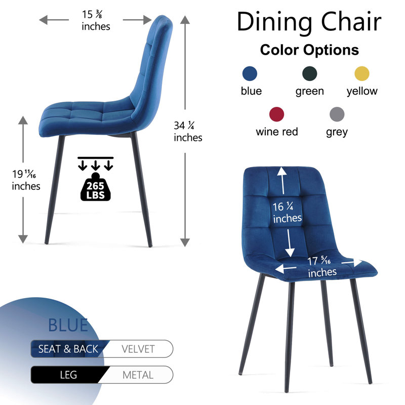 Ensemble de 2 chaises de salle à manger en velours de style Mid-Century moderne pour la cuisine et le salon, 2, Bleu