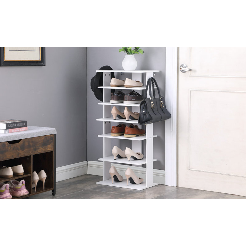 Vertical Shoe Rack,7 Tier Shoe Storage Organizer With Hooks, Entryway Shoe Tower,Vertical Shoe Organizer,Vertical Shoe Organizer,White