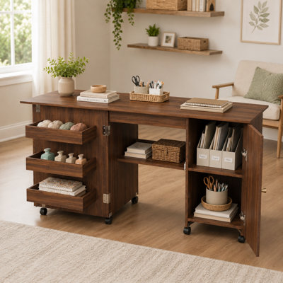 Table de machine à coudre pliable portative en bois de noyer de 57,6 pouces avec roulettes verrouillables, rangement multicouche, atelier de couture à la main multifonctionnel