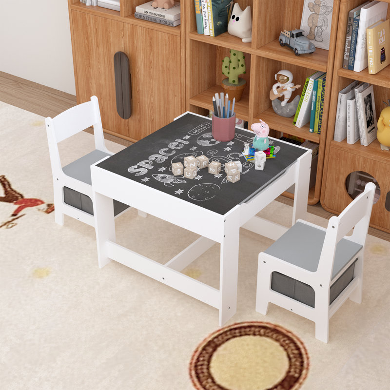 Table d'activités en bois 3 en 1 avec rangement, plateau réversible et chaises pour enfants