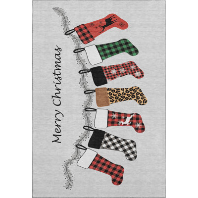 5' X 8' Gray Red And Green Christmas Stockings Washable Area Rug With UV Protection