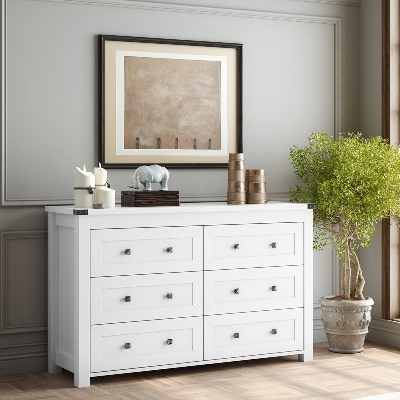 Jaretssi 6 - Drawer Double Dresser 42.7' W, Chest of Drawers with Metal Square Handle, White//Black