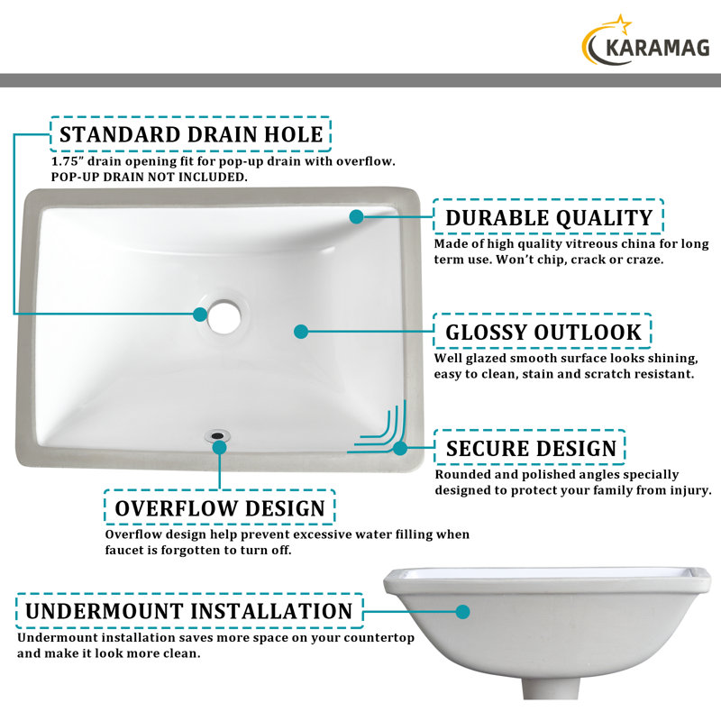 Lavabo de salle de bain rectangulaire en céramique vitrifiée pour salle de bain Durable