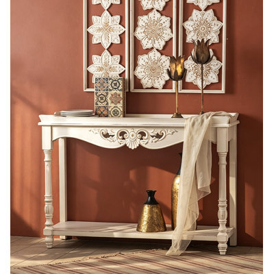 Shabby Chic Solid Wood Console Table, Scroll Floral Carved 2-Tier Open Storage Entryway Sofa Table