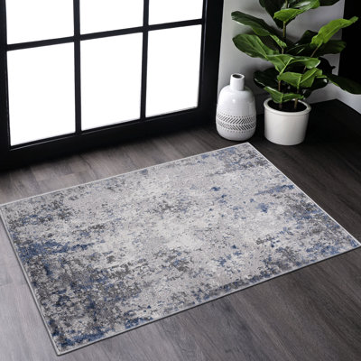 Élégant tapis argenté / bleu / abstrait 2 x 3, sans perte de teinture, parfait pour un salon moderne