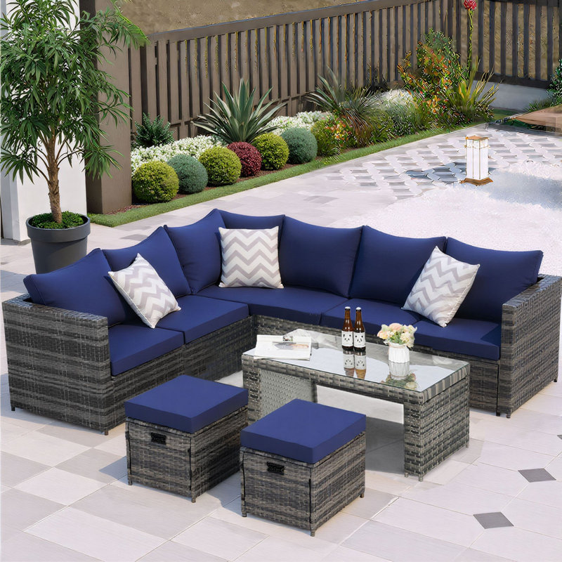 Ensemble de conversation d'extérieur 6 pièces avec coussins, Bleu très foncé
