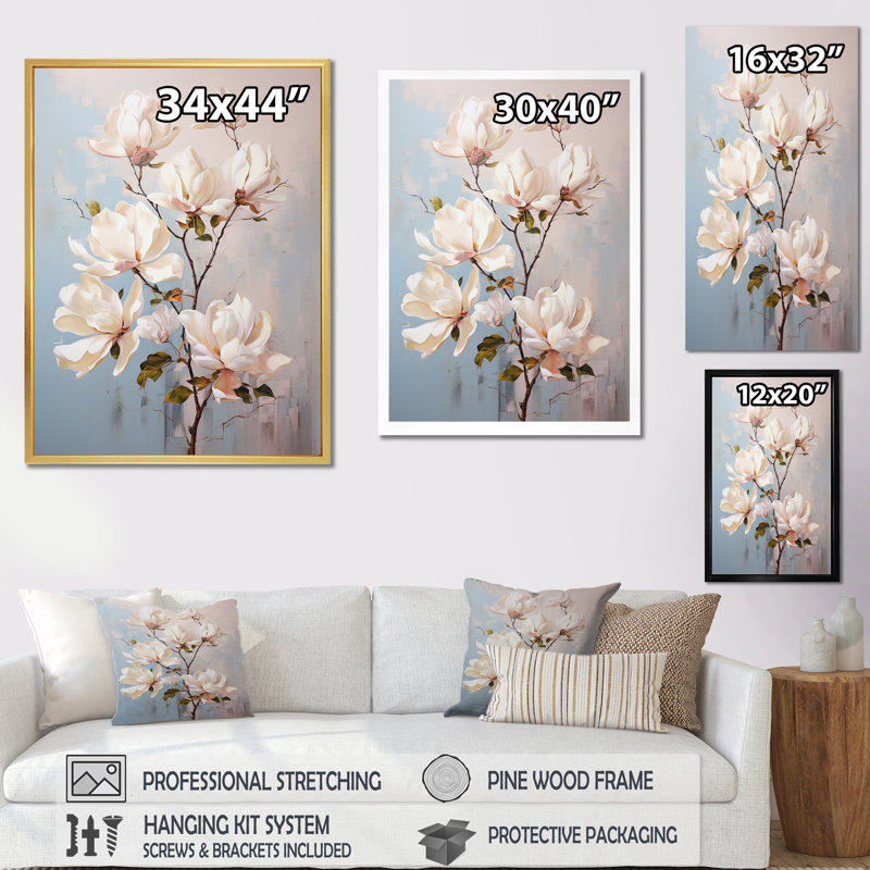 «Magnolias fleur beige et vert» sur toile, Cadre flottant noir, 32" H x 16" W