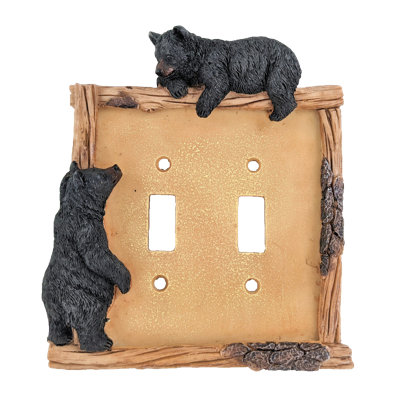 Resin Rustic Double Toggle Switch Cover Black Bear on Logs Design