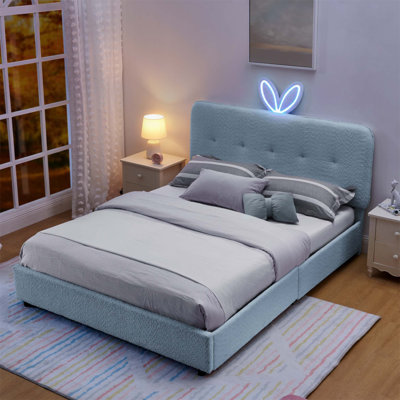 Kids Upholstered Bed With Overhead Rabbit Ear Headboard, LED Light & 4 Storage Drawers, Boucle Fabric