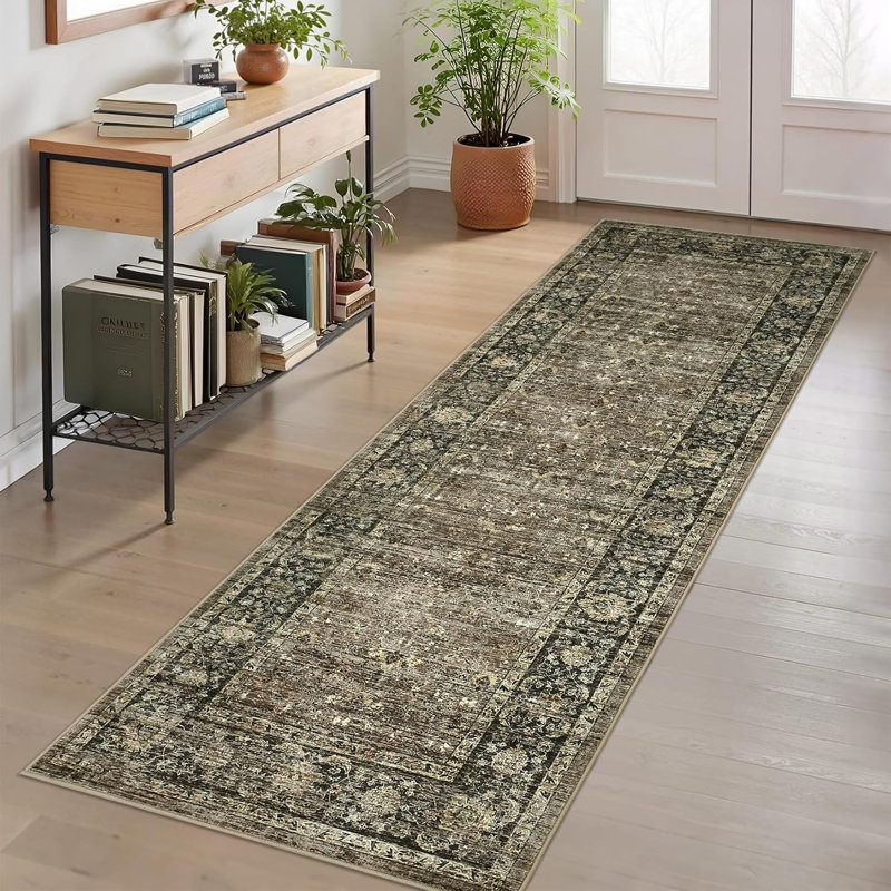 2x6 Floral Kitchen Rug – Washable, Non-Slip, Low Pile, Distressed Print Runner for Hallway, Bathroom, Laundry (Beige)
