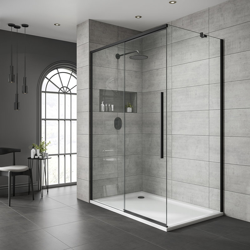 Single Added Semi-Frameless Shower Door with Clear Glass, Right Opening, Black, 200cm H x 150cm W