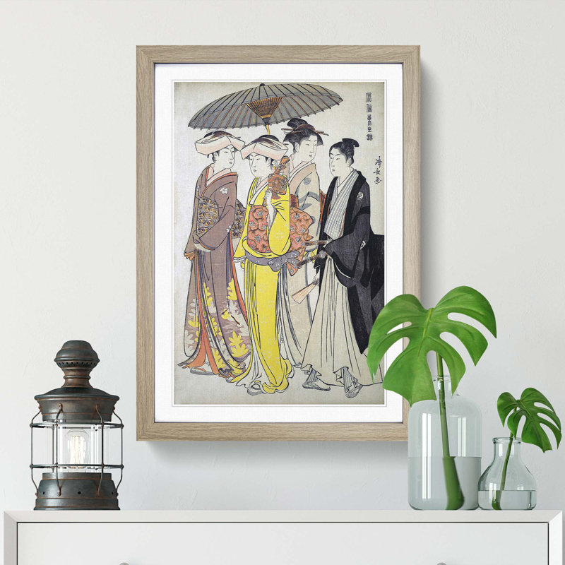 A Lady And Maids by Torii Kiyonaga - Single Picture Frame Painting, Oak Framed, 45cm H x 33cm W x 2cm D