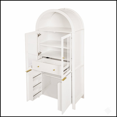 71 Inch Fluted Tall Arched Pantry Cabinet with Adjustable Shelves, Elegant Display Storage, Hidden Drawer, and Glass Door for Versatile Use