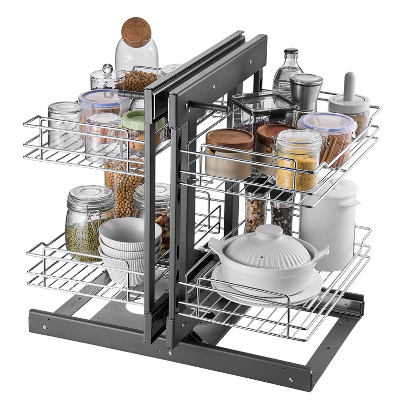 Organisateur de coin d'angle à ouverture minimale 15 po, 2 armoires de cuisine à 4 niveaux, panier de rangement en acier au carbone chromé, organisateur de rangement coulissant, compatible avec ouverture à gauche et à droite