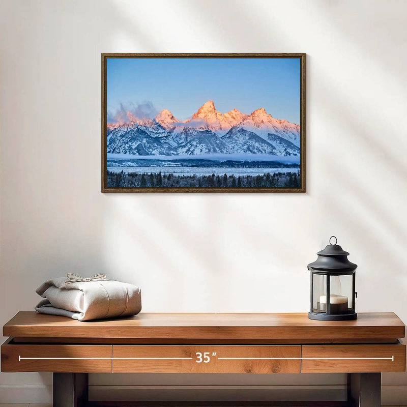 Grand Tetons congelés, 19 po x 13 po, Cadre flottant noyer