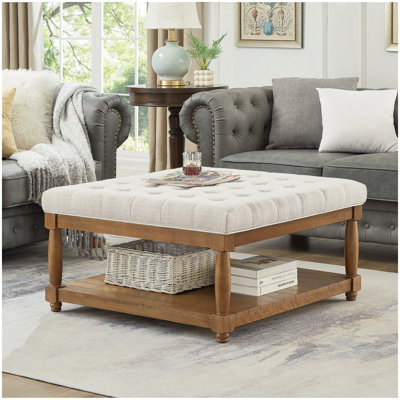 Large Square Upholstered Tufted Linen Ottoman Coffee Table, Large Footrest Ottoman with Solid Wood Shelf- Ivory