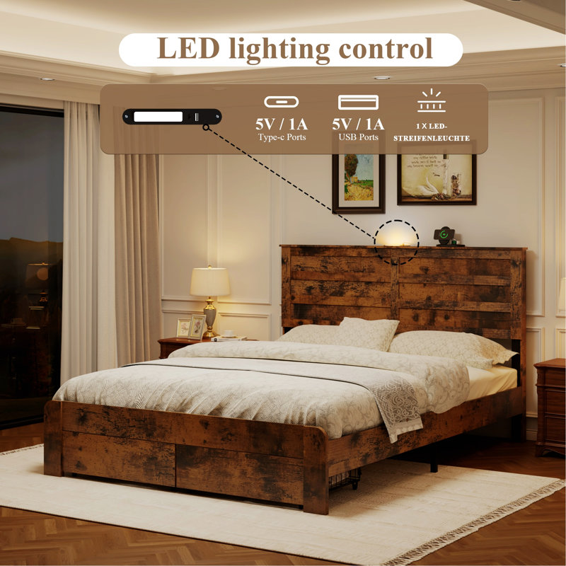 Bed Frame With 2 Storage Drawers And 2 USB Ports, Wooden Platform Bed Frame With Charging Station