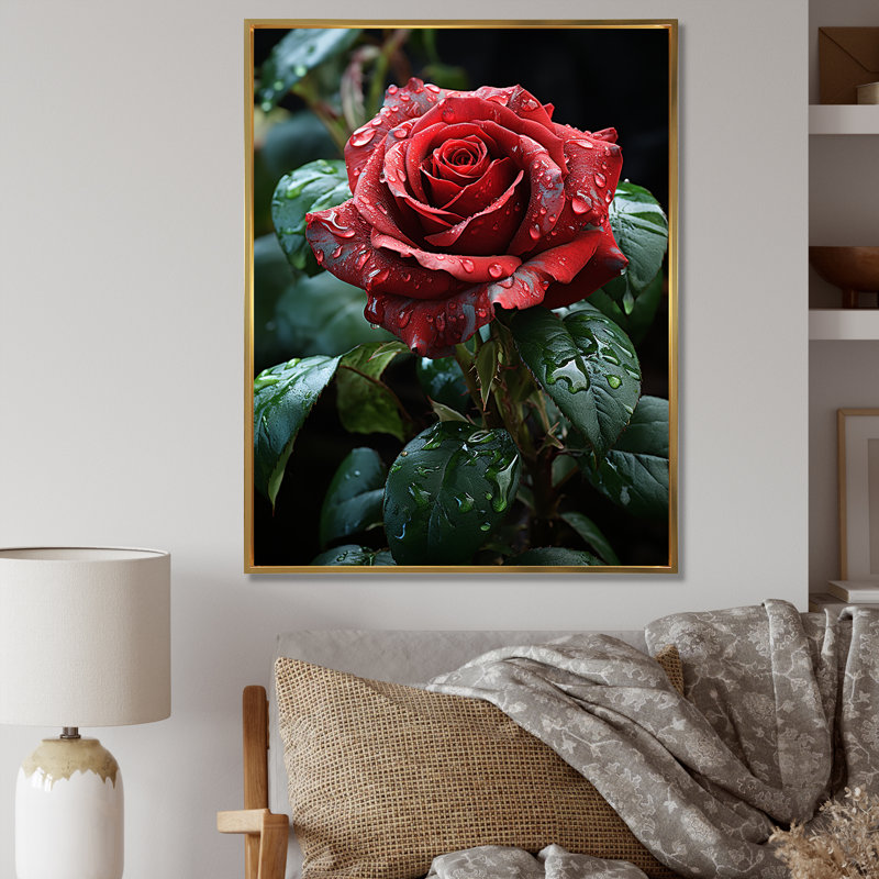 Rétro rose rouge II - roses, art mural, Cadre flottant doré, 32" H x 24" W